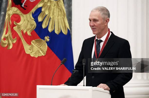Vladimir Saldo, the Moscow-appointed head of the Kherson region of Ukraine - which is controlled by Russian forces, gives a speech during a state...