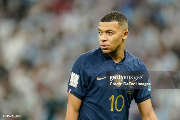 Kylian Mbappe of France looks on during the FIFA World Cup Qatar 2022 Final match between Argentina and France at Lusail Stadium on December 18, 2022...