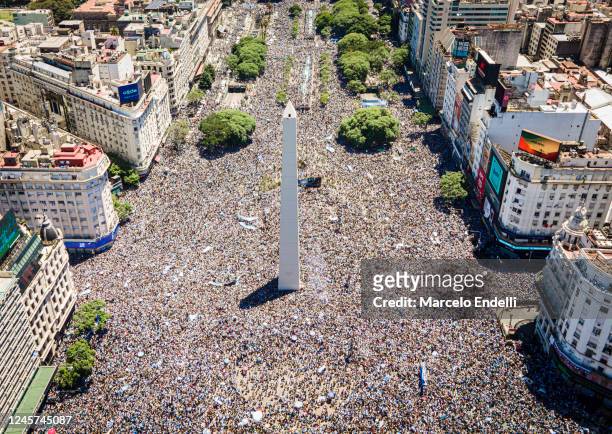 Aerial view of fans of Argentina gathering at the Obelisk as they wait for the victory parade of the Argentina men's national football team after...