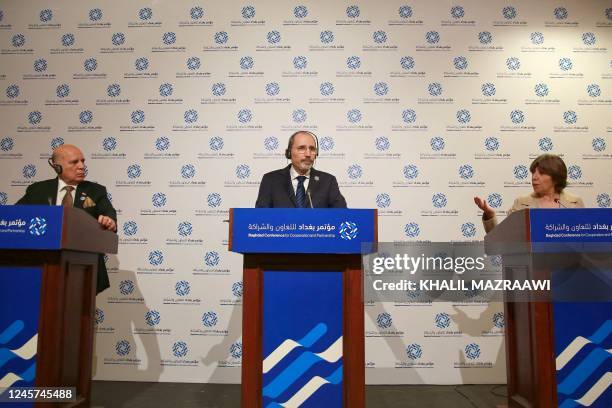 French Foreign Minister Catherine Colonna speaks during a press conference alongside her Iraqi and Jordanian counterparts, respectively Fuad Hussein...