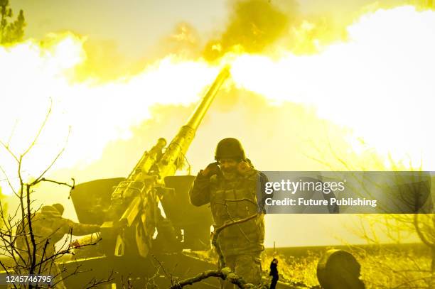 The artillerymen who destroyed columns of Russian equipment near Kyiv are pictured next to the trailed howitzer "Msta-B" as they stand on the defense...