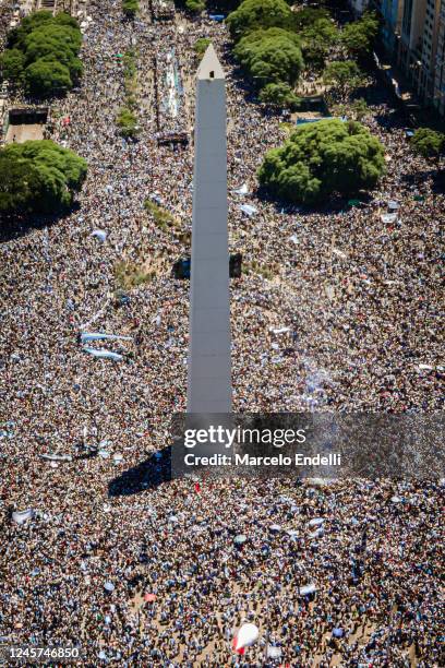 Aerial view of Obelisk as a multitude of Argentine fans gather for a victory parade of the Argentina men's national football team after winning the...