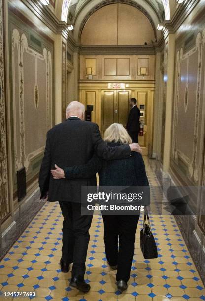 Senate Pat Leahy, a Democrat from Vermont, left, walks with his wife, Marcelle Pomerleau, to deliver his final floor speech before retirement at the...