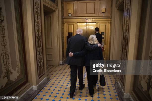Senate Pat Leahy, a Democrat from Vermont, left, walks with his wife, Marcelle Pomerleau, to deliver his final floor speech before retirement at the...