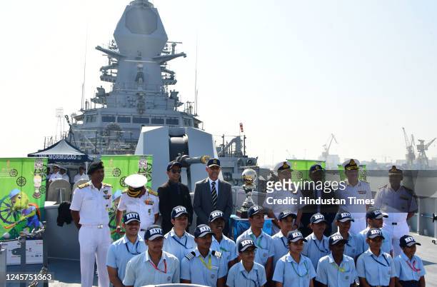 The FIH Hockey Men's World Cup 2023 trophy displayed onboard INS Mormugao in the presence of WNC Ajendra B. Singh, Indian Navy, and Indian hockey...