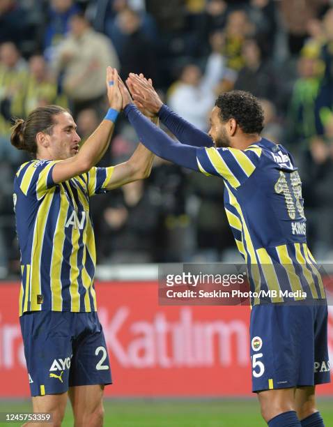 Joshua King of Fenerbahce celebrates after scoring the first goal of his team with Miguel Crespo during the Ziraat Turkish Cup match between...