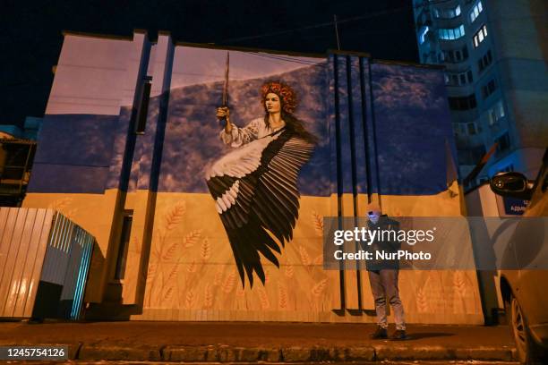 Mural depicting 'Woman With A Sword' by Kiev artist Olena Yanko, is seen in Khmelnytskyi city center, in western Ukraine. On Tuesday, December 20 in...