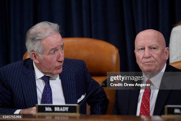 Committee chairman Rep. Richard Neal confers with ranking member Rep. Kevin Brady as they arrive for a business meeting of the House Ways and Means...