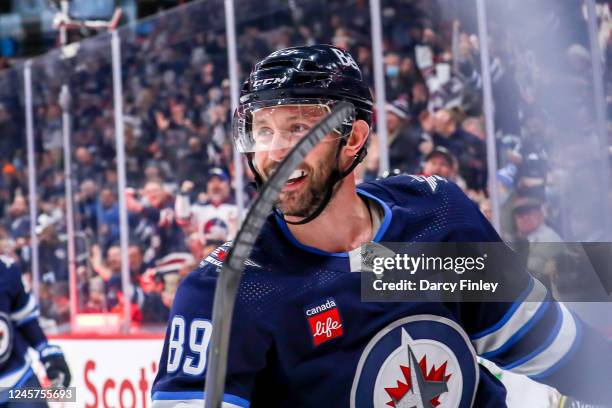 Sam Gagner of the Winnipeg Jets is all smiles after scoring a first period goal against the Ottawa Senators at the Canada Life Centre on December 20,...