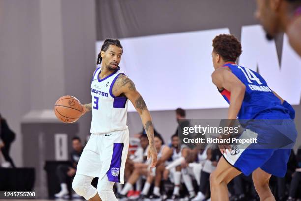 Trey Burke of the Stockton Kings handles the ball against the Long Island Nets during the 2022-23 G League Winter Showcase on December 20, 2022 in...