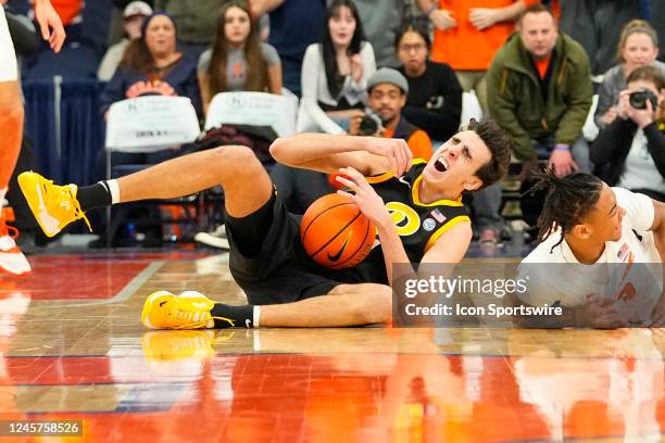 Pittsburgh Panthers Forward Jorge Diaz Graham reacts to getting fouled by Syracuse Orange Guard Judah Mintz during the second half of the college...