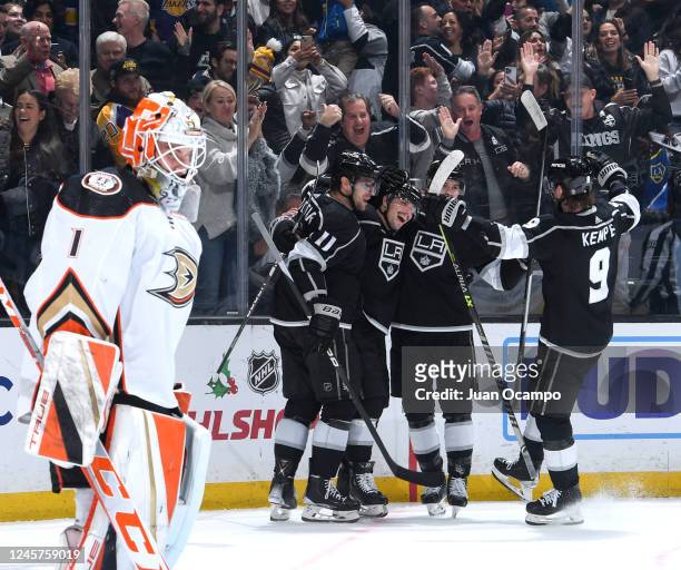 Kevin Fiala of the Los Angeles Kings celebrates his goal with teammates during the third period against the Anaheim Ducks at Crypto.com Arena on...