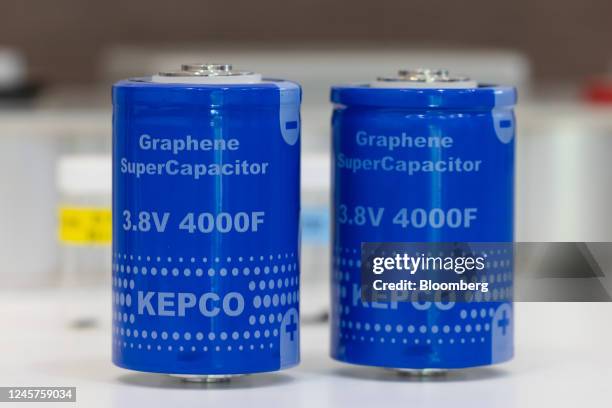 Super capacitor unit cells at the Korea Electric Power Corp. Research Institute laboratory in Daejeon, South Korea, on Wednesday, April 27, 2022....