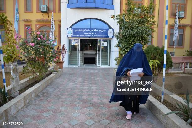 Female university Student walks in front of a university in Kandahar Province on December 21, 2022. - Afghanistan's Taliban rulers have banned...