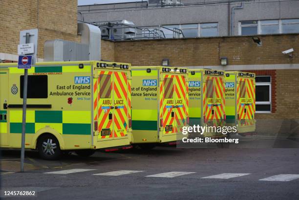 In-service ambulances for the East of England ambulance service parked outside Southend University Hospital in Southend, UK, on Wednesday, Dec. 21,...