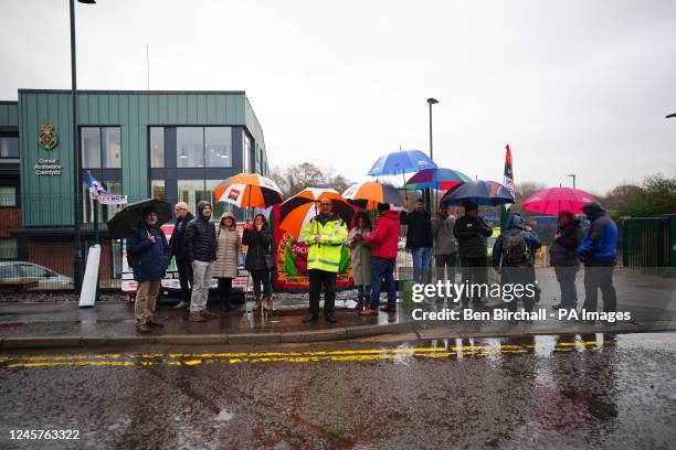 Members on the picket line outside the ambulance station in Pontprennau, Wales, as paramedics, ambulance technicians and call handlers walk out in...