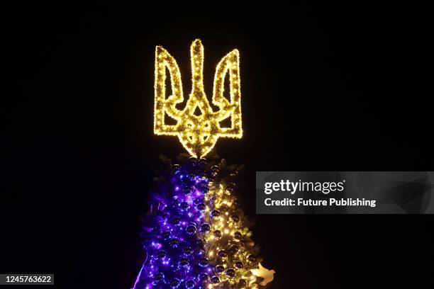 The main country's "Christmas tree of invincibility" lit up with holiday illuminations in Sofiyska Square, Kyiv, capital of Ukraine.