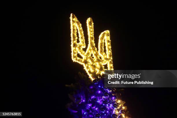 The main country's "Christmas tree of invincibility" lit up with holiday illuminations in Sofiyska Square, Kyiv, capital of Ukraine.