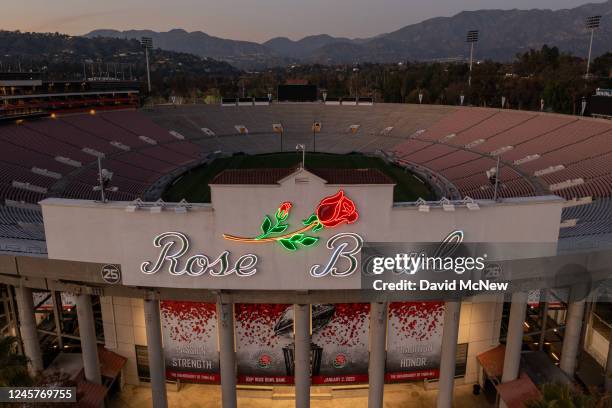 In an aerial view, the 100-year-old Rose Bowl Stadium is seen in advance of the Rose Bowl Game on December 20, 2022 in Pasadena, California. The...