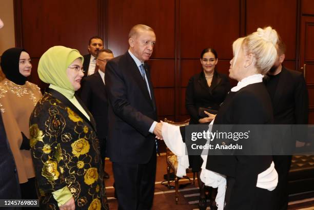 Turkish President Recep Tayyip Erdogan and his wife Emine Erdogan speaks with Turkish singer Ajda Pekkan during the Presidential Culture and Arts...