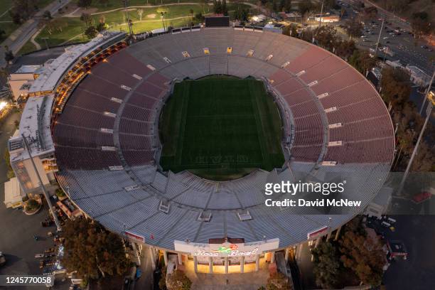 In an aerial view, the 100-year-old Rose Bowl Stadium is seen in advance of the Rose Bowl Game on December 20, 2022 in Pasadena, California. The...