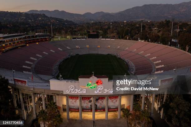 In an aerial view, the 100-year-old Rose Bowl Stadium is seen in advance of the Rose Bowl Game on December 20, 2022 in Pasadena, California. The...