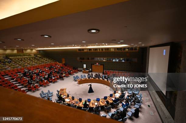 General view shows a United Nations Security Council meeting during a vote on a draft resolution calling for an immediate end to violence in Myanmar...