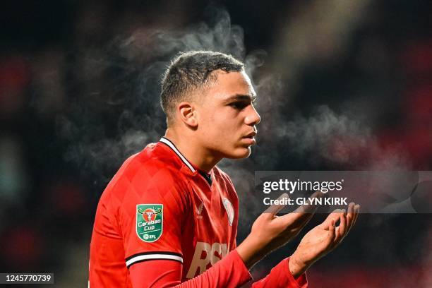 Charlton's English striker Miles Leaburn reacts during the English League Cup fourth round football match between Charlton Athletic and Brighton &...