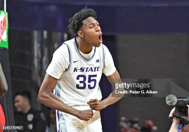 Nae'Qwan Tomlin of the Kansas State Wildcats reacts after scoring a basket in the first half against the Radford Highlanders at Bramlage Coliseum on...