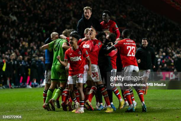 Players of Charlton Athletic celebrate after their sides victory during the Carabao Cup Fourth Round match between Charlton Athletic and Brighton &...