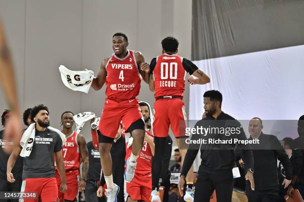 Darius Days and Jalen Lecque of the Rio Grande Valley Vipers celebrates against the Iowa Wolves during the 2022-23 G League Winter Showcase on...