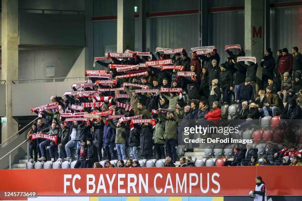 Supporters of fc bayern during the UEFA Women's Champions League group D match between FC Bayern München and SL Benfica at FC Bayern Campus on...