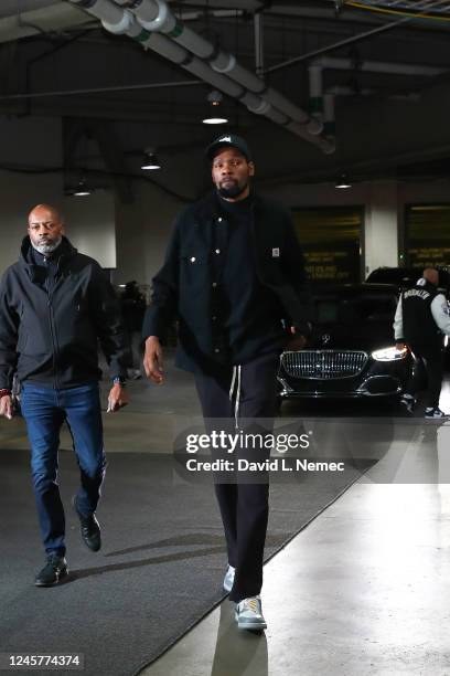 Kevin Durant of the Brooklyn Nets arrives to the arena before the game against the Golden State Warriors on December 21, 2022 at Barclays Center in...