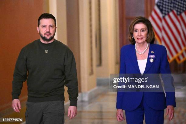 House Speaker Nancy Pelosi meets with Ukraine's President Volodymyr Zelensky at the US Capitol in Washington, DC on December 21, 2022. - Zelensky is...