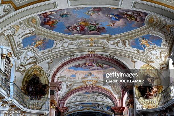 Detail of the library of the Benedictine Abbey in Admont, Austria is pictured on December 6, 2022. - The Admont abbey library nestled amid the...
