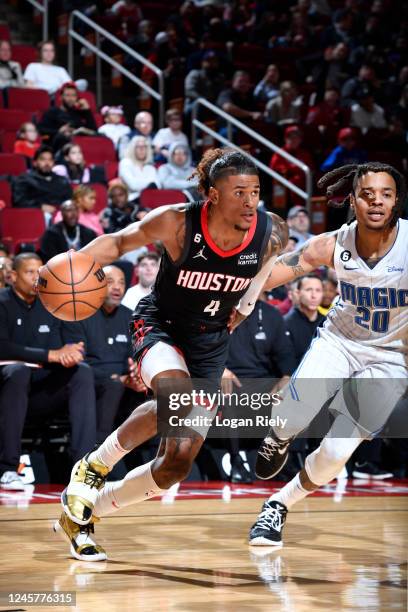 Jalen Green of the Houston Rockets drives to the basket during the game against the Orlando Magic on December 21, 2022 at the Toyota Center in...