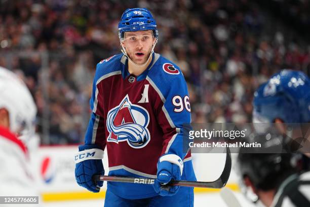 Mikko Rantanen of the Colorado Avalanche looks on against the Montreal Canadiens during the third period at Ball Arena on December 21, 2022 in...
