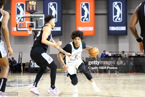 Rob Edwards of the Wisconsin Herd dribbles the ball against the Austin Spurs during the 2022-23 G League Winter Showcase on December 21, 2022 in Las...