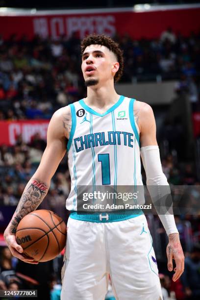 LaMelo Ball of the Charlotte Hornets prepares to shoot a free throw during the game against the LA Clippers on December 21, 2022 at Crypto.Com Arena...