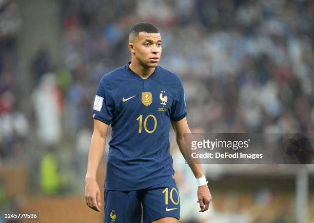 Kylian Mbappe of France looks on during the FIFA World Cup Qatar 2022 Final match between Argentina and France at Lusail Stadium on December 18, 2022...