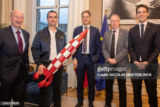 Belgian astronaut Dirk Frimout, Astronaut trainee Raphael Liegeois, Prime Minister Alexander De Croo, Belgian astronaut Frank De Winne and State...