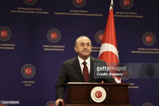 Turkish Foreign Minister Mevlut Cavusoglu and his Yemeni counterpart Ahmed Awad Bin Mubarak hold a joint press conference in Ankara, Turkiye on...