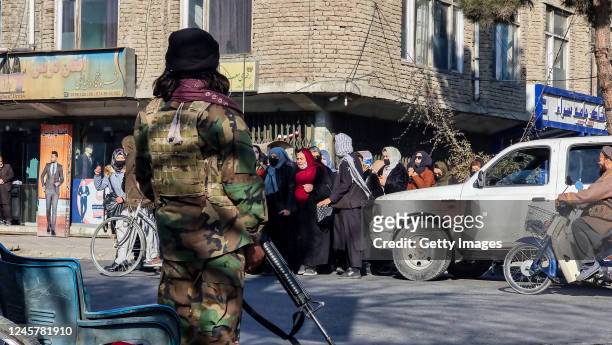 Afghan women protest against new Taliban ban on women accessing University Education on December 22, 2022 in Kabul, Afghanistan. A group of Afghan...