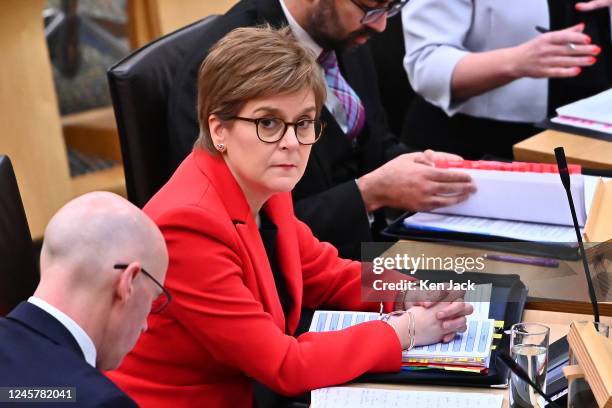 Scotland's First Minister Nicola Sturgeon during First Minister's Questions in the Scottish Parliament, on the day it is expected the Parliament will...