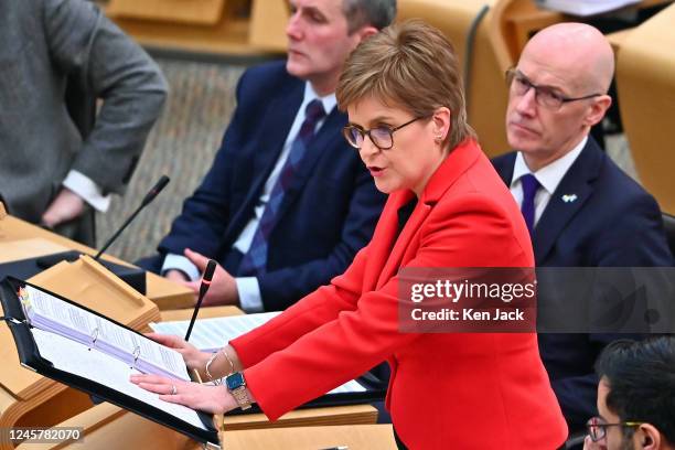Scotland's First Minister Nicola Sturgeon during First Minister's Questions in the Scottish Parliament, on the day it is expected the Parliament will...