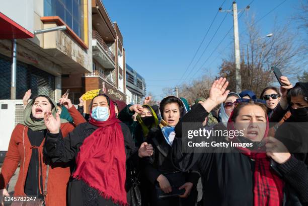 Afghan women protest against new Taliban ban on women accessing University Education on December 22, 2022 in Kabul, Afghanistan. A group of Afghan...