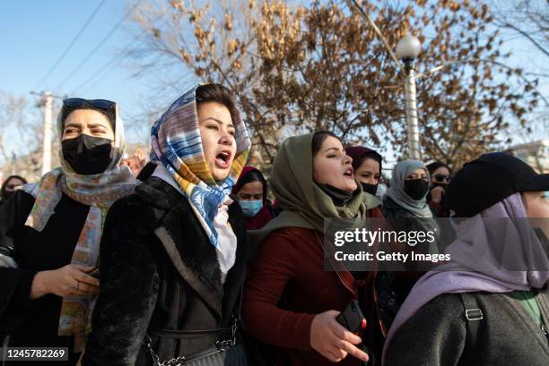 Afghan women protest against new Taliban ban on women accessing University Education on December 22, 2022 in Kabul, Afghanistan. A group of Afghan...