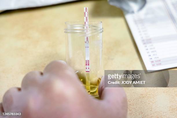 This photograph taken October 14 shows a drugs testing urine sample kit at Felix Eboue international airport in Cayenne, French Guiana. - French...