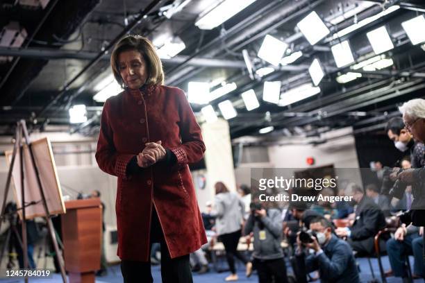 Speaker of the House Nancy Pelosi departs her final weekly news conference at the U.S. Capitol on December 22, 2022 in Washington, DC. Today was her...