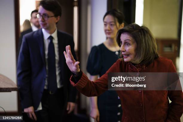 House Speaker Nancy Pelosi, a Democrat from California, bids farewell to Capitol staff after a news conference at the US Capitol in Washington, DC,...